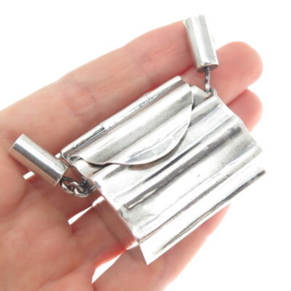 925 Sterling Silver Vintage Mexico Ladies Purse Pill Box Centerpiece Pendant